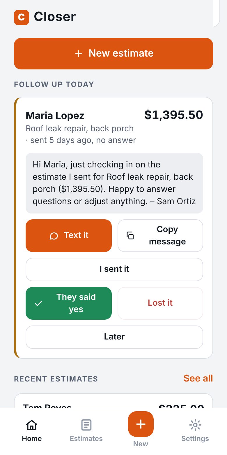 Follow-up card for Maria Lopez, sent 5 days ago with no answer, with a ready-to-send check-in message and buttons to text it or mark it won or lost
